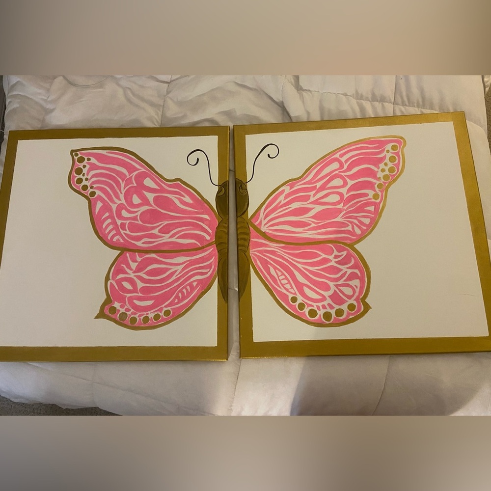 Pink Butterfly Art Painting with Gold Frame